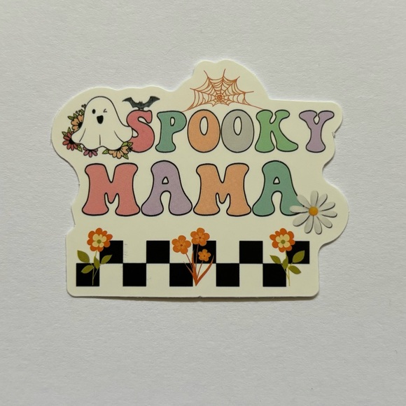 Illustrated Cute Ghost with Checkerboard Trim "Spooky Mama" Waterproof Sticker - Picture 1 of 2